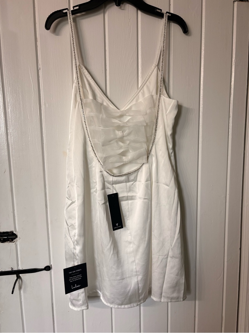 Lulu's White Satin Ruffle-Front Slip Dress with Beaded Straps